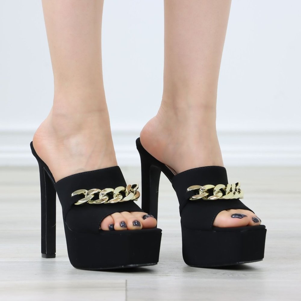 Black Faux Velvet Open Toe Slip On Platform Heels Gold Tone Chain Detailing - Picture 2 of 12